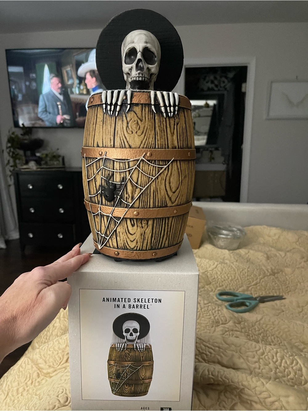 Cracker Barrel Halloween Skeleton Barrel Decor - Black, Brown, White
